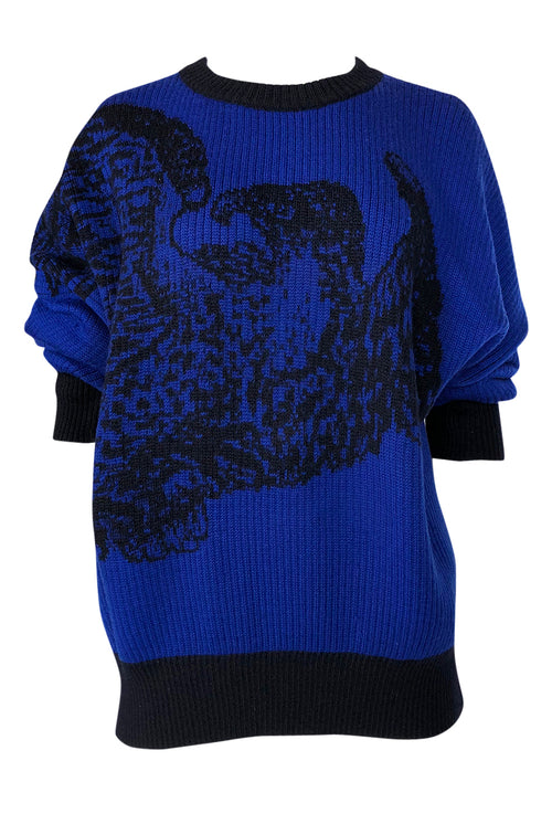 1980s Yves Saint Laurent Oversized Eagle Print Blue Wool Sweater