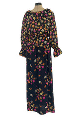 Early 1970s Christian Dior by Marc Bohan Demi-Couture Floral Silk Skirt & Top Dress Set