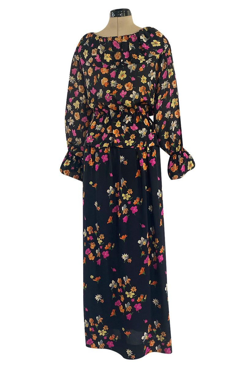 Early 1970s Christian Dior by Marc Bohan Demi-Couture Floral Silk Skirt & Top Dress Set