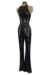 1980s OMO Norma Kamali Black Sequin Stretch Jumpsuit w Blue Sequin Pattern at the Back