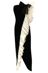 Fall 1979 Bill Blass Ivory Silk Ruffle on Ink Black Velvet Strapless Dress