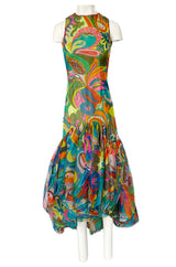 1971 Pierre Cardin Couture Printed Silk Organza Ruffled 'Roundel' Hem Dress