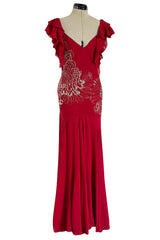 Incredible 2000s John Galliano Deep Red Bias Cut Dress w Silver Bead Detailing