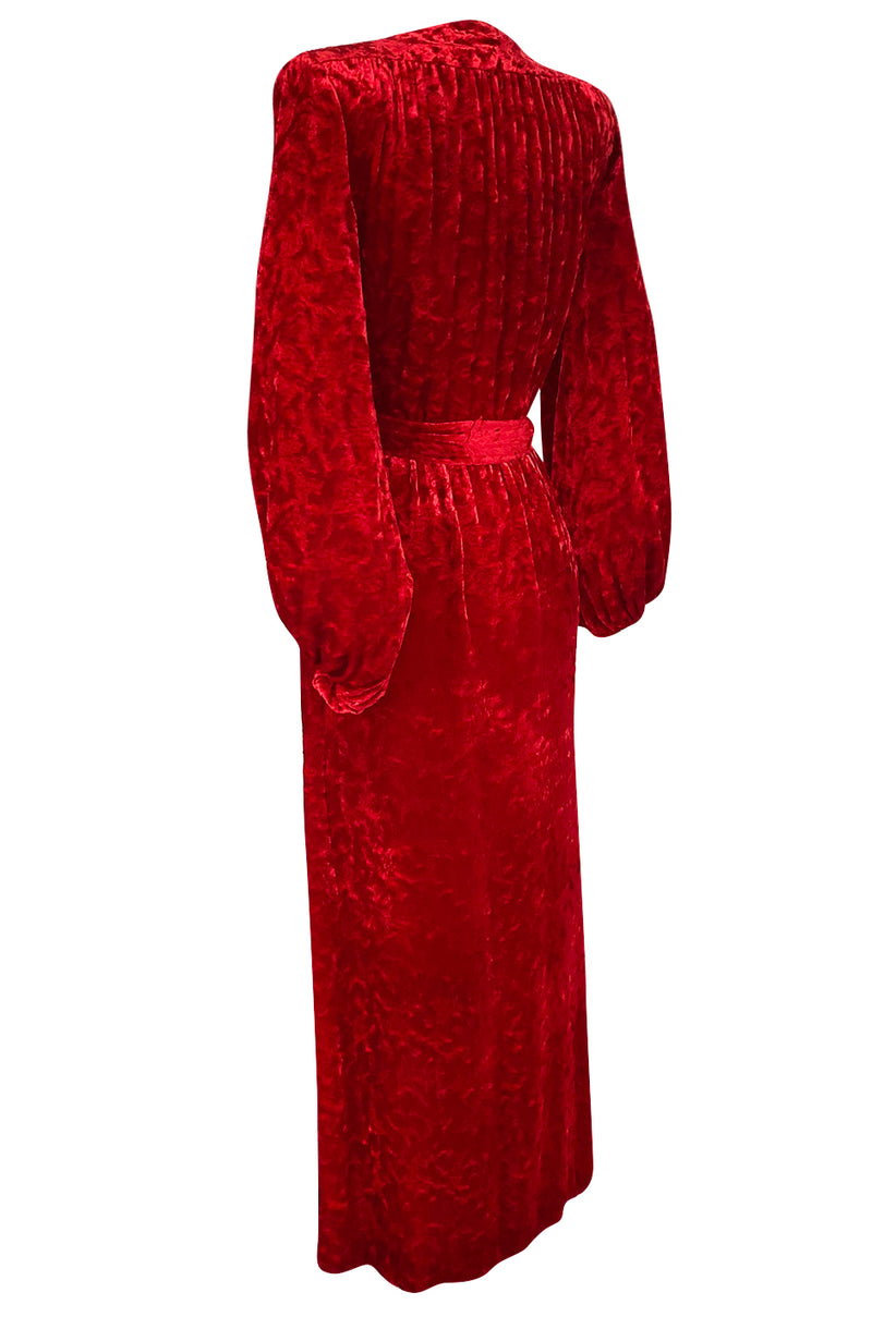 1985 Yves Saint Laurent Red Crushed Velvet Wrap Plunge Dress