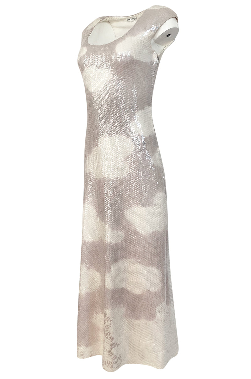 Iconic 1973 Halston Cloud Dress in Silver Grey & Ivory Covered with Iridescent Sequins