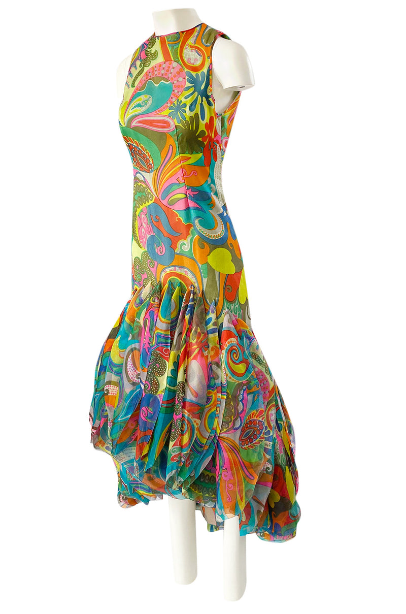 1971 Pierre Cardin Couture Printed Silk Organza Ruffled 'Roundel' Hem Dress