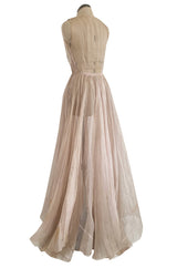 Rare Late 1940s Jacques Fath Pale Nude Silk Organza Dress w Full Skirt & Plunge Front