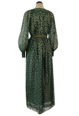 Extraordinary 1970s Christian Dior by Marc Bohan Gold Metallic Green Silk Chiffon Dress w Rope Belt