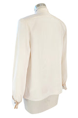 1990s Yves Saint Laurent Haute Couture Ivory Cream Silk Top w Bow & French Cuffs