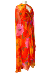 Spring 1992 Bob Mackie Huge Tropical Flower Print Silk Chiffon Dress w Matching Cape