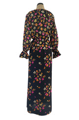 Early 1970s Christian Dior by Marc Bohan Demi-Couture Floral Silk Skirt & Top Dress Set