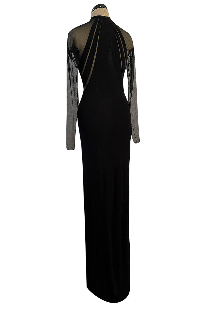 Spectacular 2005 John Anthony Couture Black Stretch Jersey Dress w Curved Netted Cut Outs