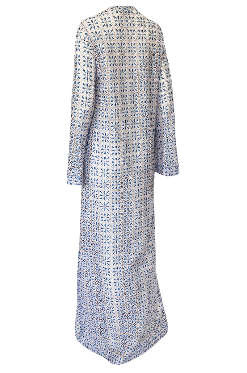 Spring 2014 Luisa Beccaria Palest Blue Open Cut Work Embroidered Caftan Dress w Wide Sleeves