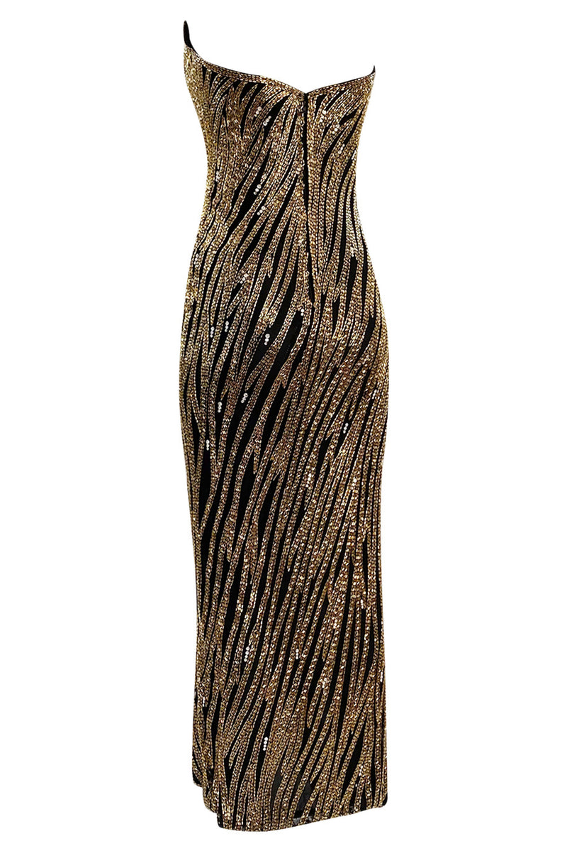 Stunning 1980s Bob Mackie Gold Glass Beaded & Silk Chiffon Strapless Dress