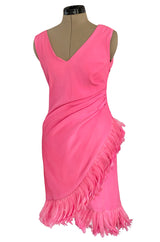 Stunning 1980s Ady Couture Rich Sueded Pink Silk Dress w Elaborate Pink Feather Trim