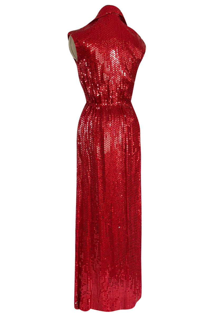 Iconic 1970s Halston Couture Glossy Red Sequin Full Length Wrap Dress w Plunge Front