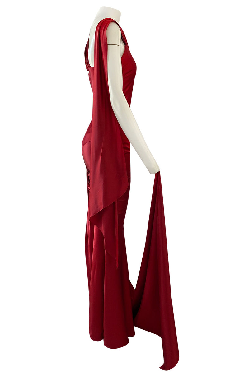 John Galliano Dark Red Satin Evening Gown with Rhinestones 2008