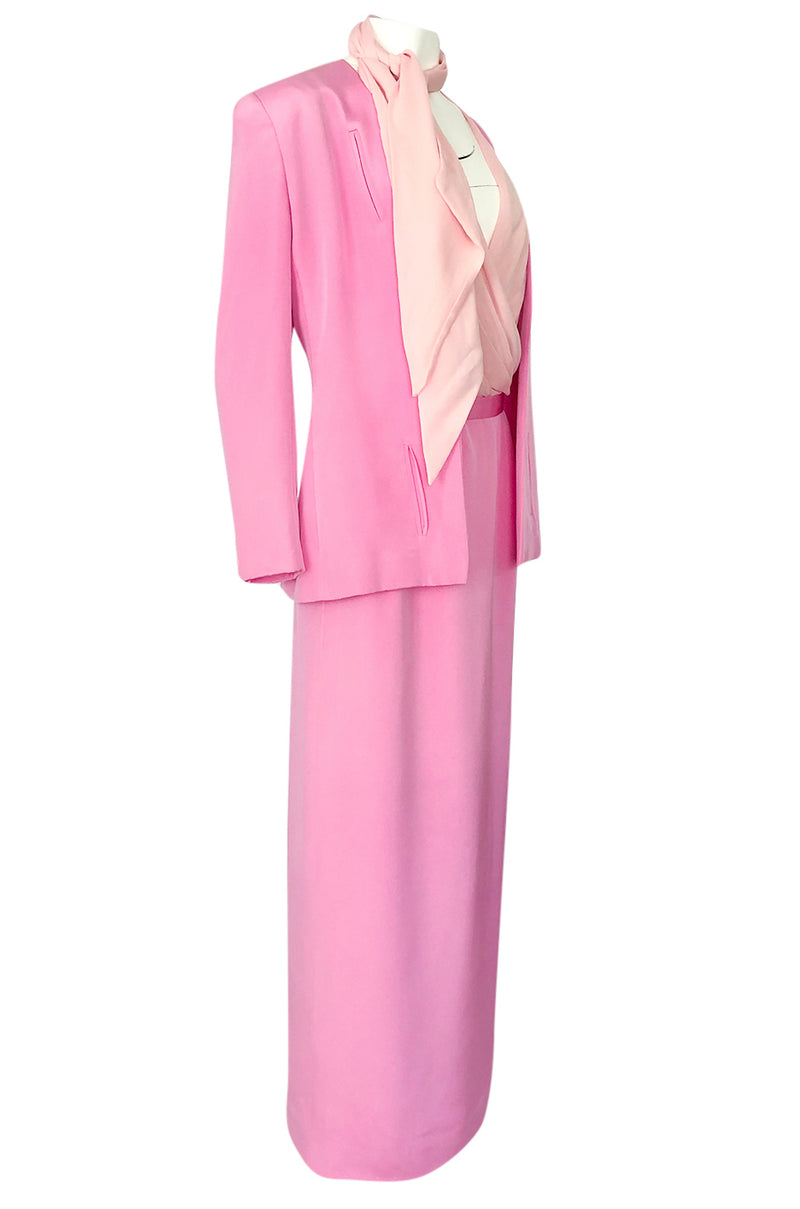 1980s Bill Blass Baby Pink Evening Jacket, Skirt & Silk Top Dress Suit