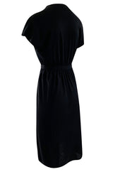 Classic 1970s Halston Soft Black Wool Jersey Front Wrap Dress w Plunging Neckline