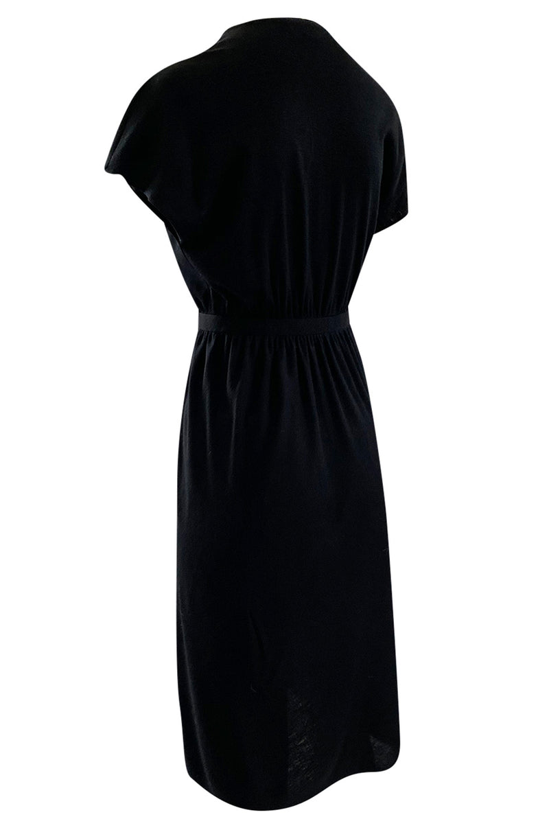 Classic 1970s Halston Soft Black Wool Jersey Front Wrap Dress w Plunging Neckline