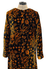 Amazing 1975 Thea Porter Printed Burnt Gold & Black Silk Velvet Caftan Dress