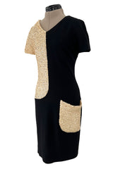 Runway Spring 1991 Karl Lagerfeld Black Crepe & Creamy Ivory Sequin Dress w Pocket