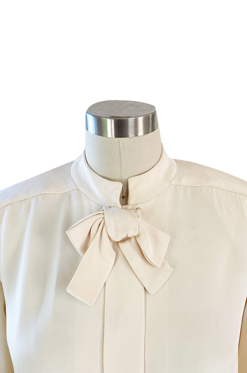 1990s Yves Saint Laurent Haute Couture Ivory Cream Silk Top w Bow & French Cuffs