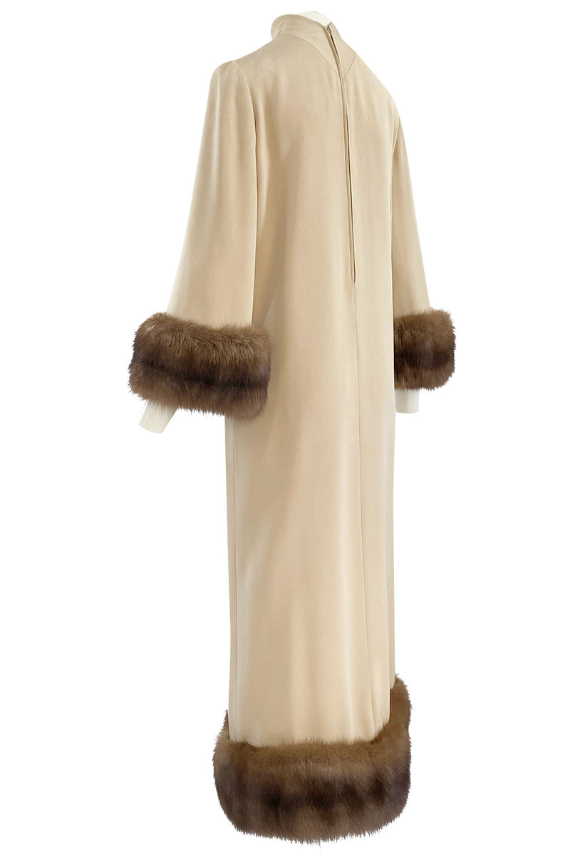 Fall 1966 Norman Norell Couture Ivory Silk Crepe Dress w Natural Mink Cuffs & Hem Detailing