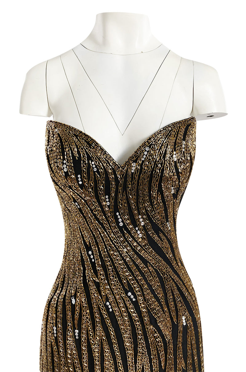 Stunning 1980s Bob Mackie Gold Glass Beaded & Silk Chiffon Strapless Dress