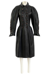 Important Fall 1983 Yves Saint Laurent Runway Leather Coat w Huge Sleeves & Buttons