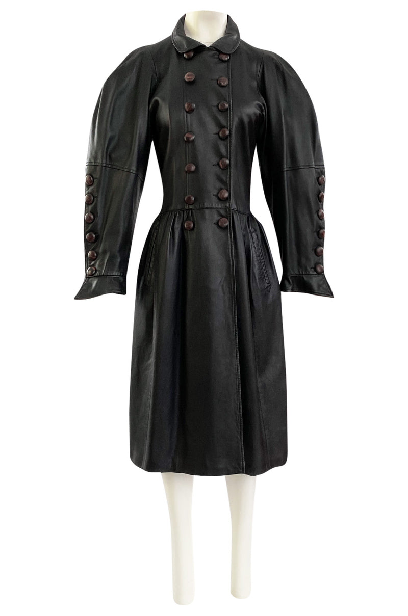 Important Fall 1983 Yves Saint Laurent Runway Leather Coat w Huge Sleeves &  Buttons