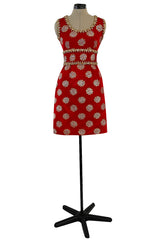 Exceptional Late 1960s Oscar de la Renta Red Silk Dress w Gold & Silver Detailing