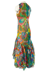 1971 Pierre Cardin Couture Printed Silk Organza Ruffled 'Roundel' Hem Dress