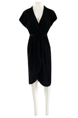 Classic 1970s Halston Soft Black Wool Jersey Front Wrap Dress w Plunging Neckline