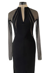 Spectacular 2005 John Anthony Couture Black Stretch Jersey Dress w Curved Netted Cut Outs