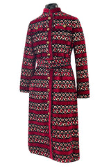 1960s Davidow Red Black & White Fused Cut Velvet Dream Carpet Coat w Matching Belt