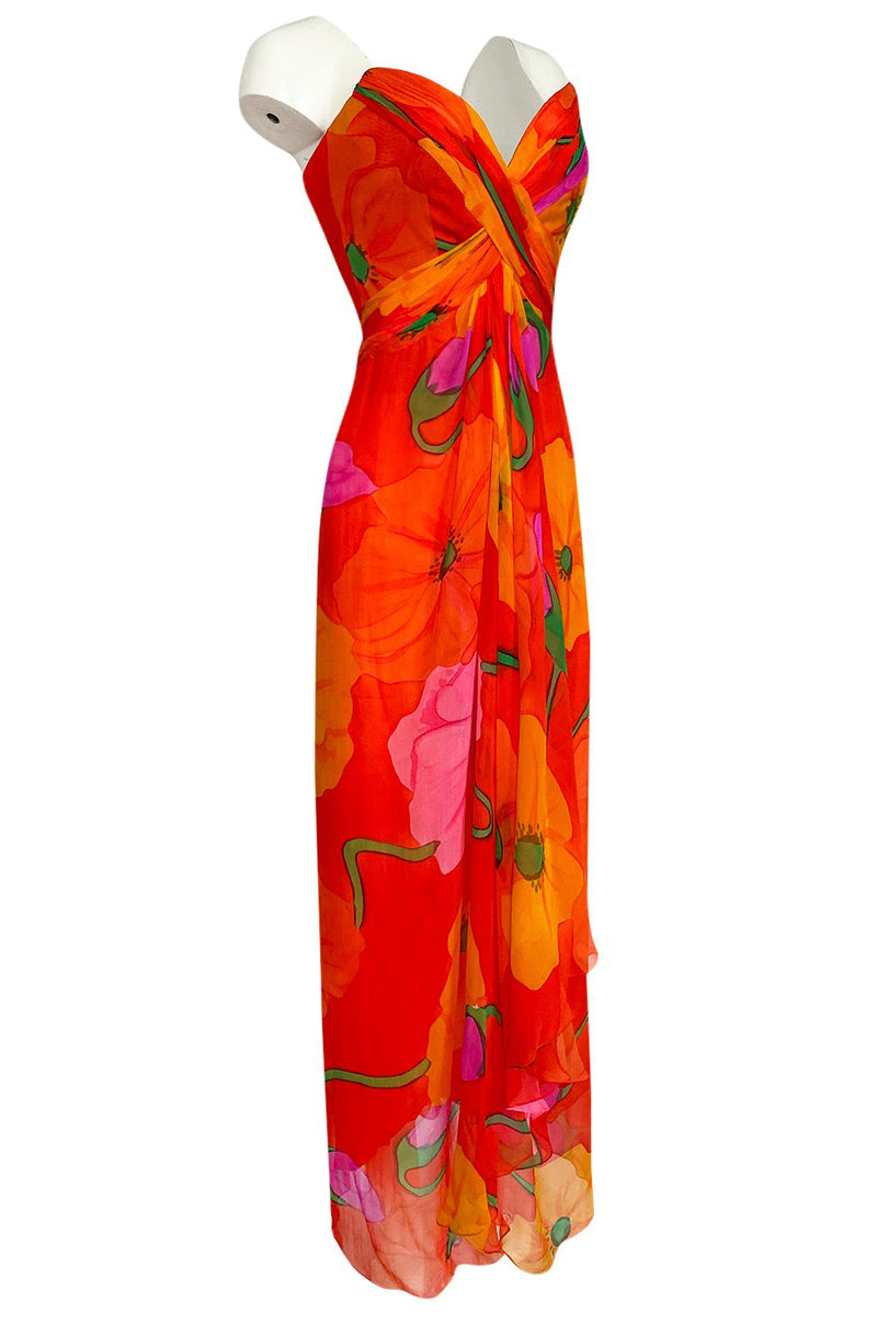 Spring 1992 Bob Mackie Huge Tropical Flower Print Silk Chiffon Dress w Matching Cape