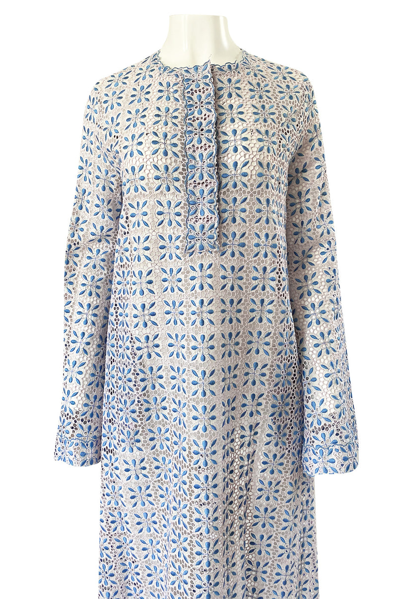 Spring 2014 Luisa Beccaria Palest Blue Open Cut Work Embroidered Caftan Dress w Wide Sleeves