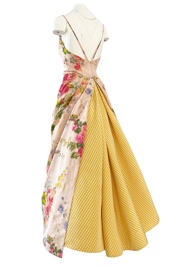 Exceptional Spring 1995 Bill Blass Runway & Book Piece Floral Silk Taffeta & Gingham Dress