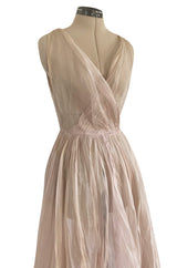 Rare Late 1940s Jacques Fath Pale Nude Silk Organza Dress w Full Skirt & Plunge Front