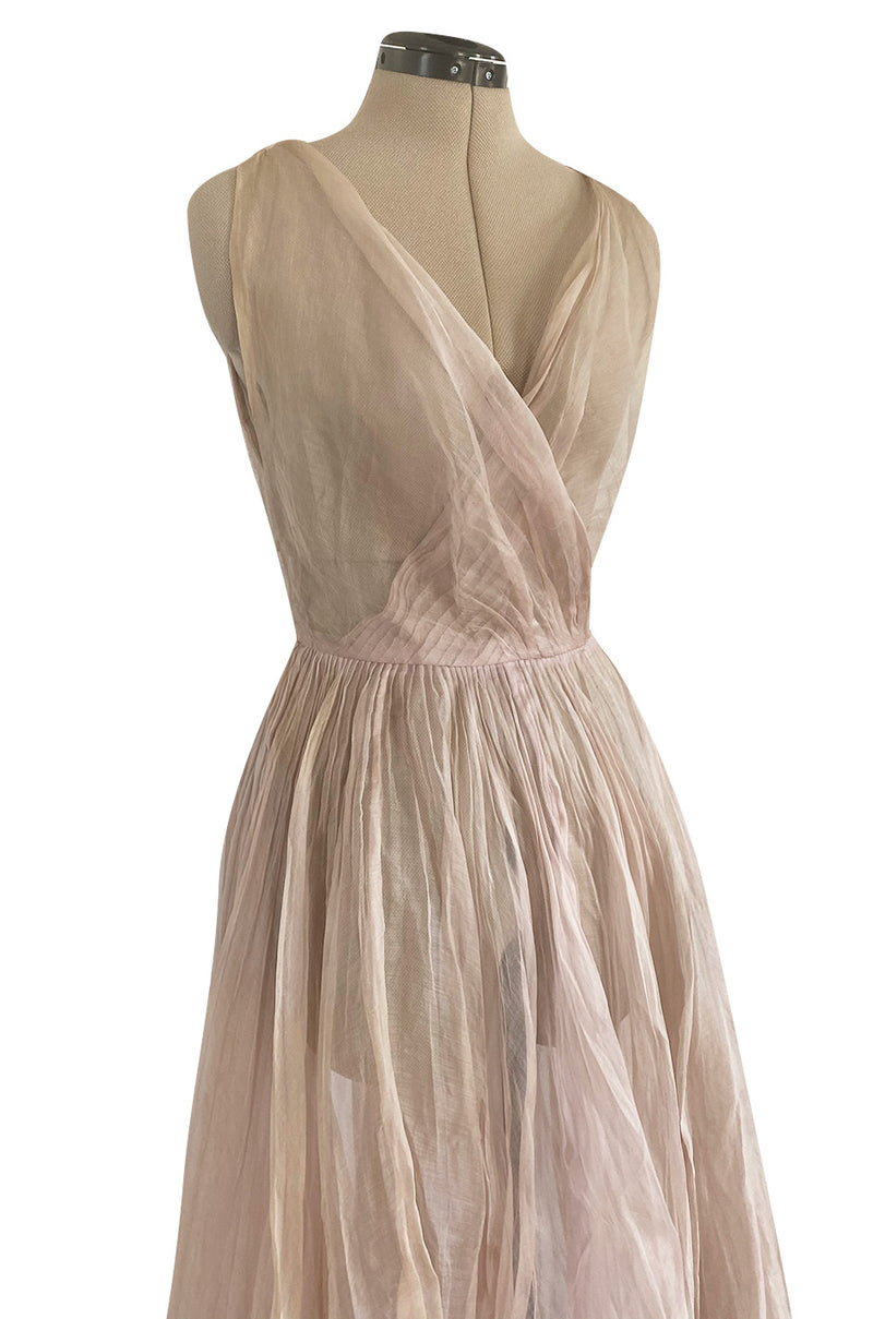 Rare Late 1940s Jacques Fath Pale Nude Silk Organza Dress w Full Skirt & Plunge Front