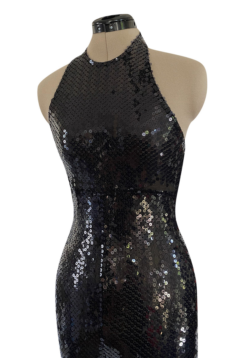 1980s OMO Norma Kamali Black Sequin Stretch Jumpsuit w Blue Sequin Pattern at the Back