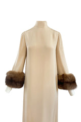 Fall 1966 Norman Norell Couture Ivory Silk Crepe Dress w Natural Mink Cuffs & Hem Detailing