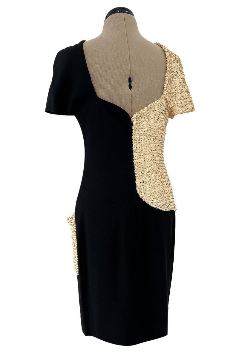 Runway Spring 1991 Karl Lagerfeld Black Crepe & Creamy Ivory Sequin Dress w Pocket