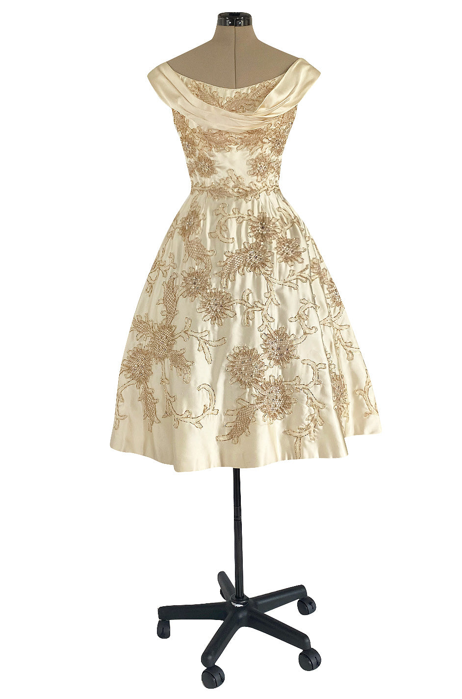 Incredible 1950s Ceil Chapman Ivory Silk Satin Dress w Gold Metal Ribb ...