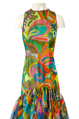 1971 Pierre Cardin Couture Printed Silk Organza Ruffled 'Roundel' Hem Dress