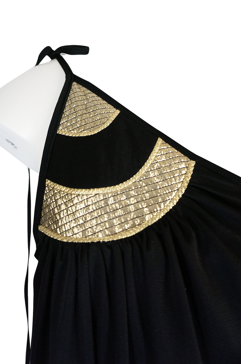 1970s Bill Tice One Shoulder Gold & Black Jersey Dress