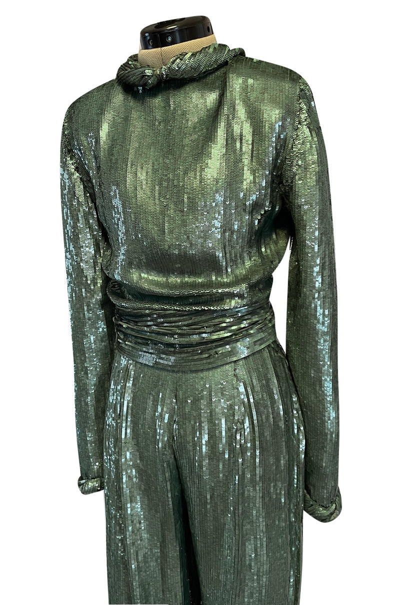 Amazing 1979 John Anthony Couture Sea Green Jumpsuit Completely Covered in Sequins