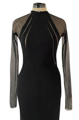 Spectacular 2005 John Anthony Couture Black Stretch Jersey Dress w Curved Netted Cut Outs