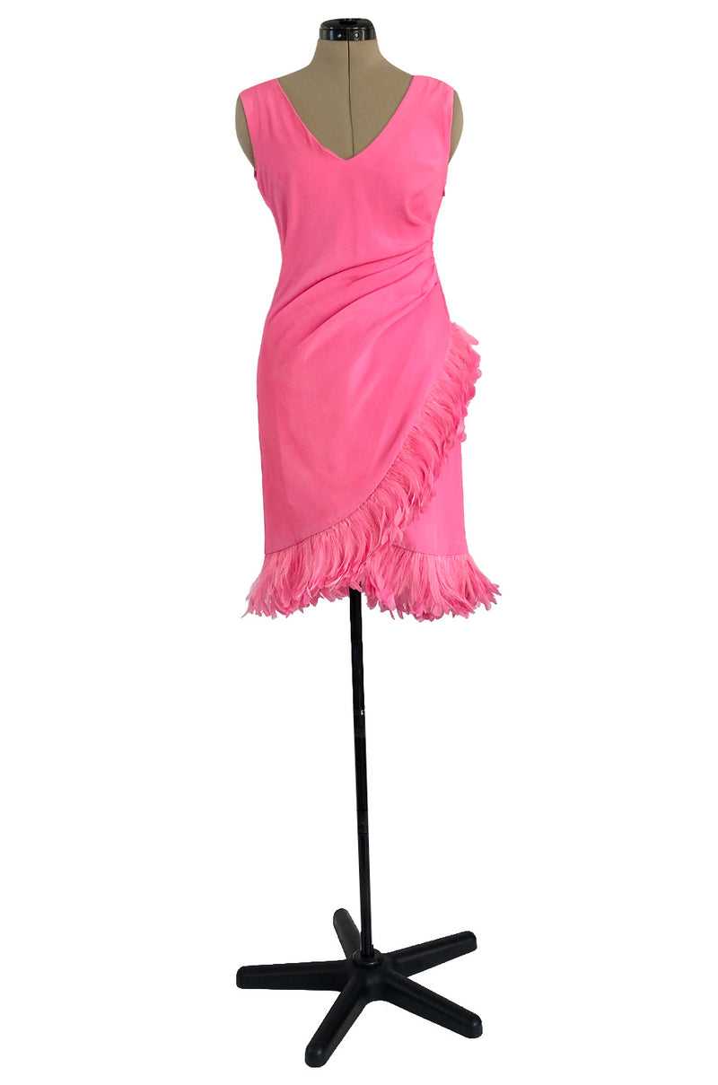 Stunning 1980s Ady Couture Rich Sueded Pink Silk Dress w Elaborate Pink Feather Trim